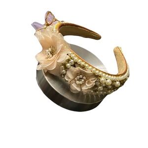 Champagne Pearl Headband Floral Butterfly Bridal Gold Glitter Embellished